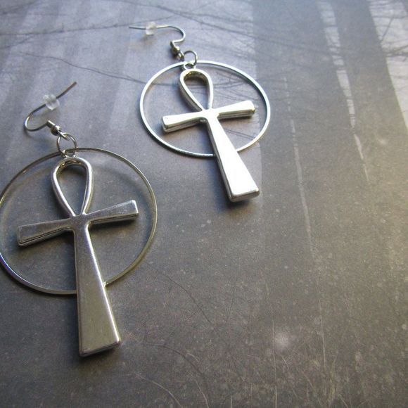 Ankh hoop Earrings Big Statement Dangle Silver Color - Picture 3 of 3